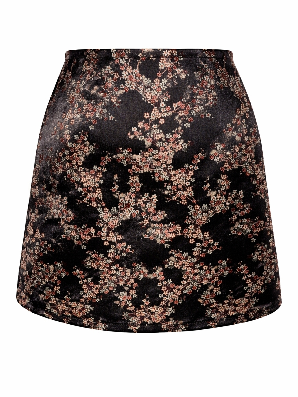 Y2K Express Black Satin Mini Skirt with Oriental Red & Cream Floral Print M